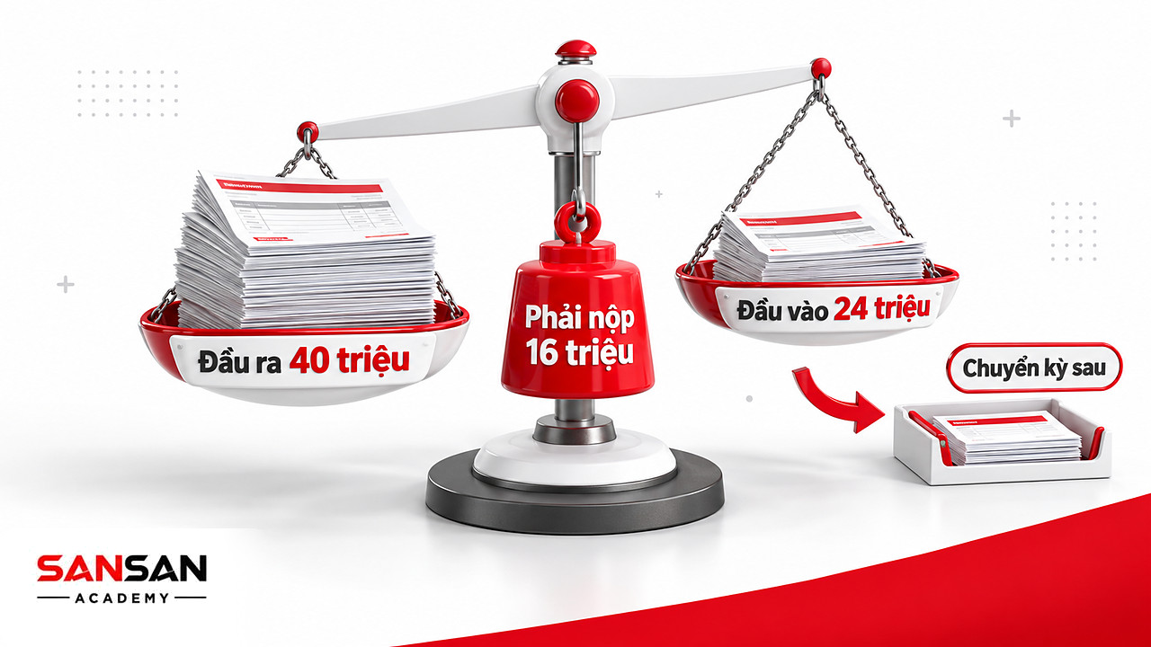 Cán cân thuế đầu ra 40 triệu và thuế VAT đầu vào 24 triệu, phần chênh 16 triệu phải nộp