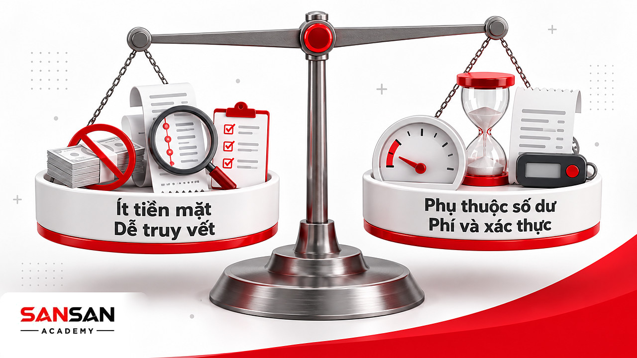 Cán cân giữa ưu điểm ít tiền mặt, dễ truy vết và hạn chế về số dư, thời gian xử lý, phí của ủy nhiệm chi