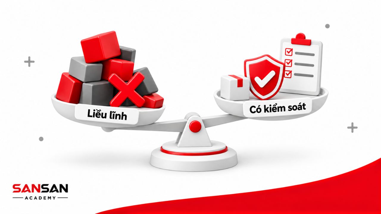 Mô hình cán cân 3D so sánh hành động liều lĩnh với việc thử nghiệm có kiểm soát rủi ro trong khởi nghiệp.