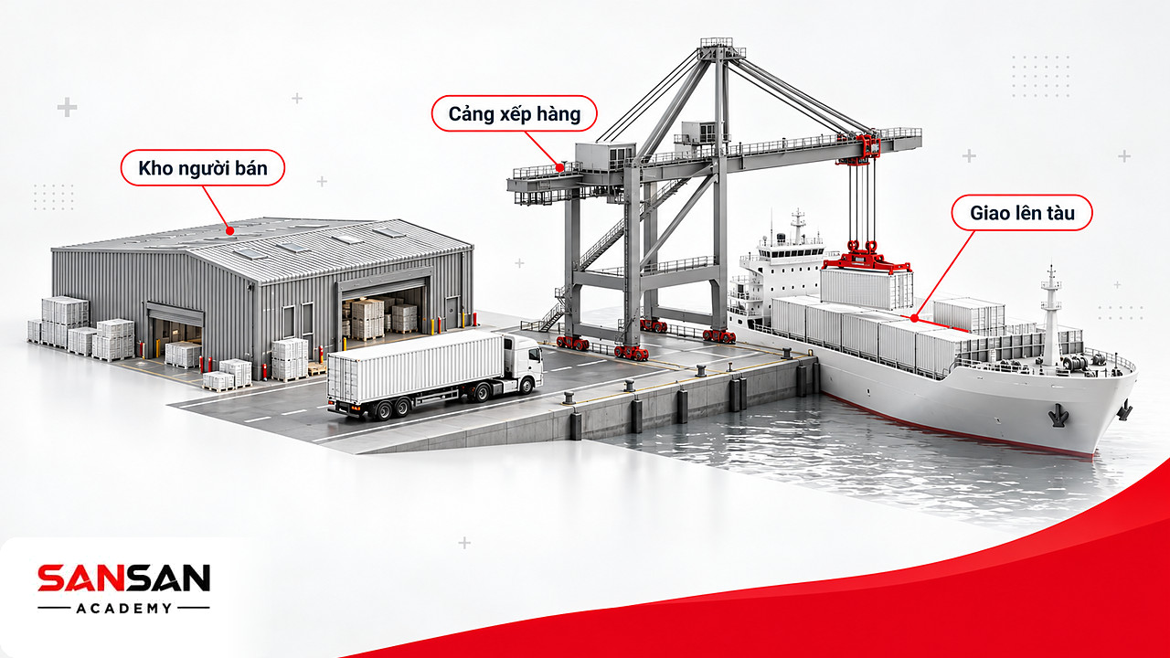 Cảnh thu nhỏ kho, cảng xếp hàng và cần cẩu đưa container lên tàu, nơi người bán giao hàng theo FOB