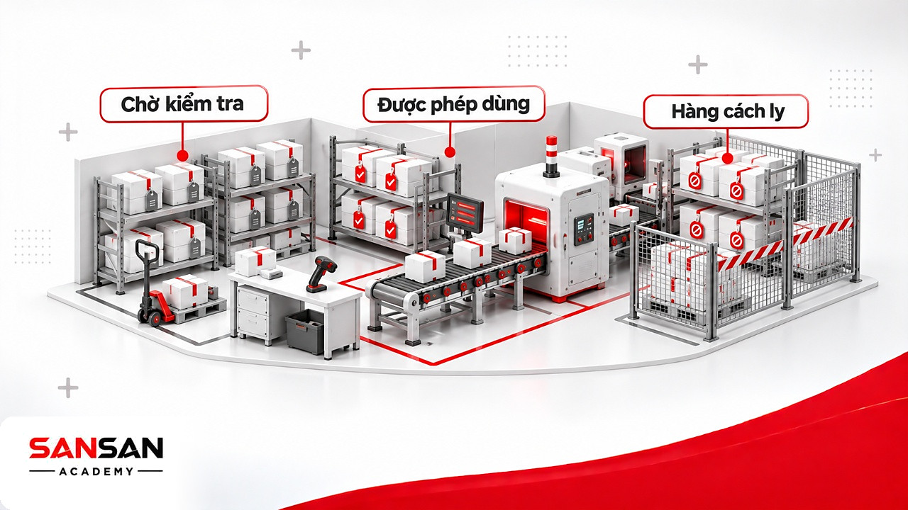 Kho trong công nghiệp thông minh chia ba khu chờ kiểm tra, được phép dùng và hàng cách ly, nối với dây chuyền