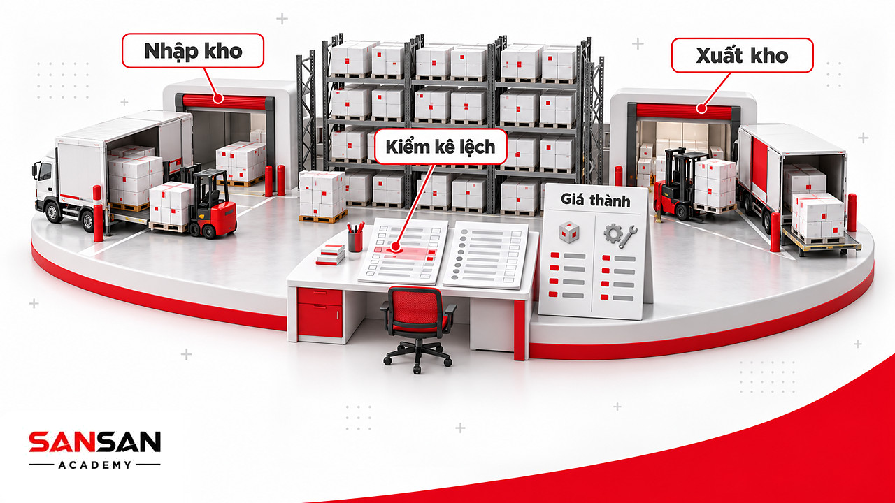 Cảnh kho thu nhỏ với kệ hàng, cửa nhập, cửa xuất và bàn kiểm kê minh họa công việc kế toán kho và giá thành