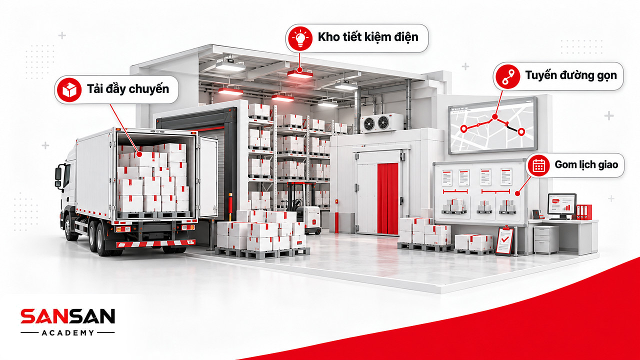 Cảnh kho hàng có xe tải đầy chuyến, bảng tuyến đường và lịch giao gom đơn trong chuỗi cung ứng xanh
