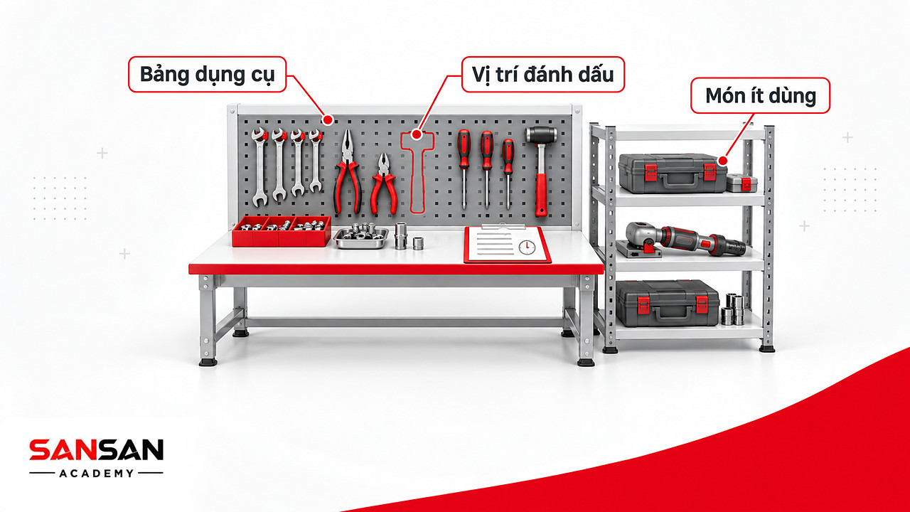 Góc lắp ráp áp dụng Kaizen và 5S với bảng dụng cụ có vị trí đánh dấu, kệ riêng cho món ít dùng