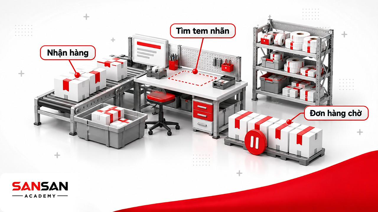 Khu đóng gói thu nhỏ khi đi Gemba: nhận hàng, rời bàn tìm tem nhãn và đơn hàng phải chờ