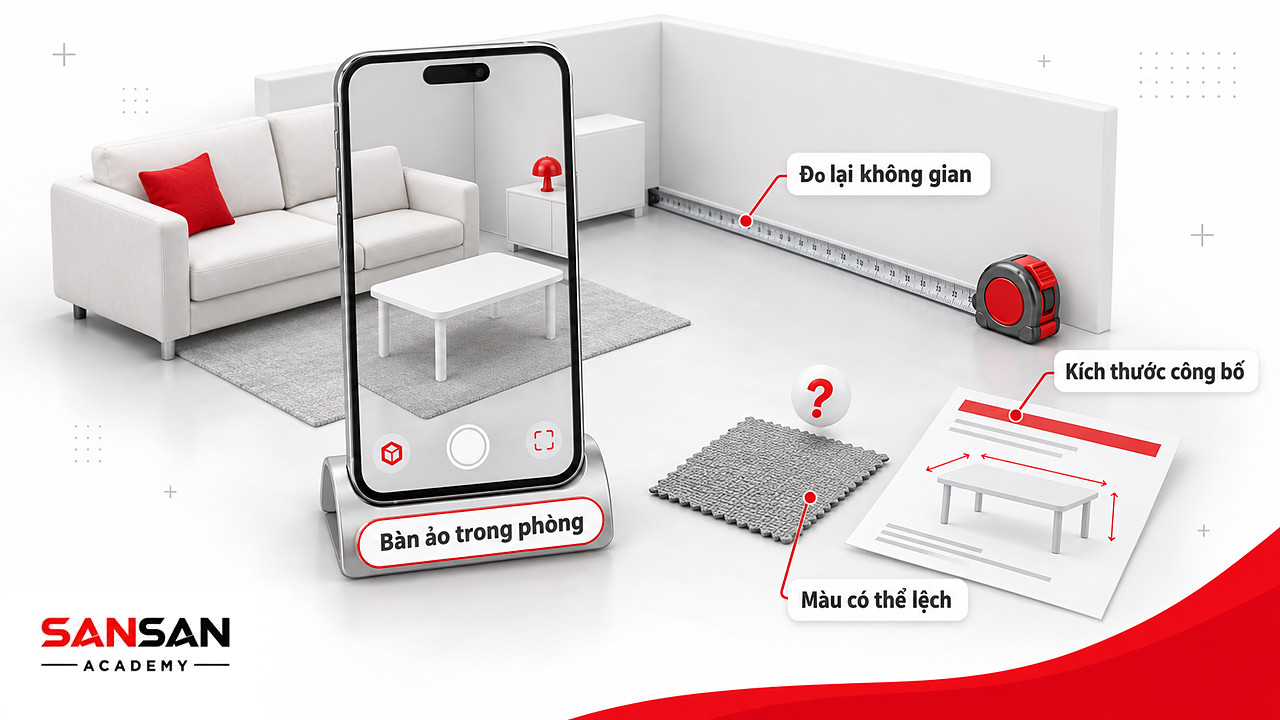 Phòng thu nhỏ với bàn ảo trên điện thoại, thước dây đo tường và thẻ kích thước khi thử nội thất bằng AR