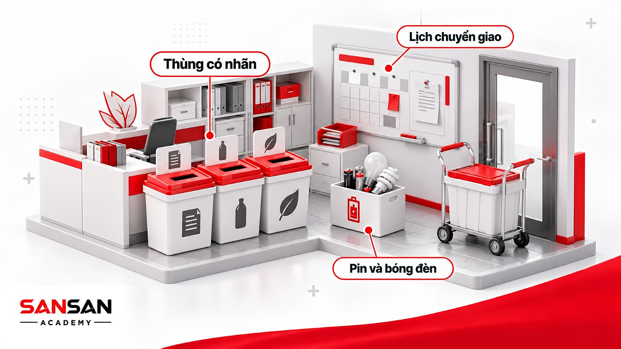 Góc văn phòng có thùng phân loại dán nhãn, hộp pin bóng đèn và lịch chuyển giao rác cho môi trường xanh