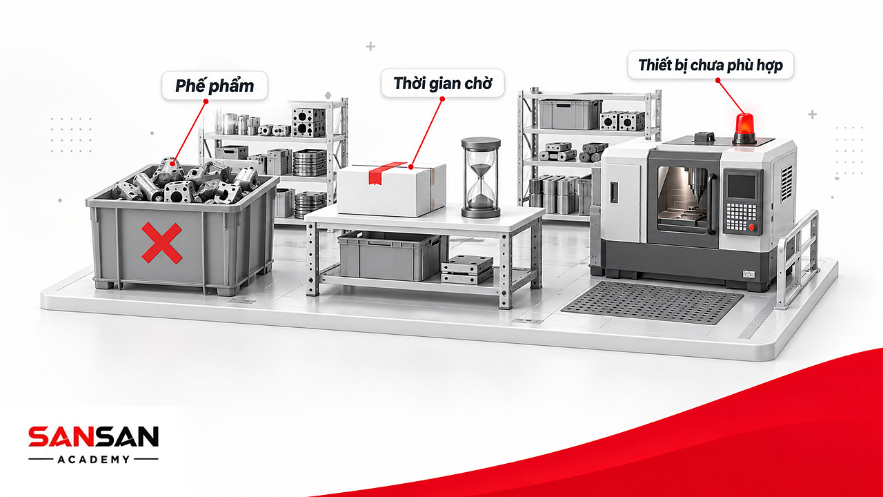 Cảnh xưởng thu nhỏ có phế phẩm, thời gian chờ và thiết bị chưa phù hợp làm tăng chi phí sản xuất