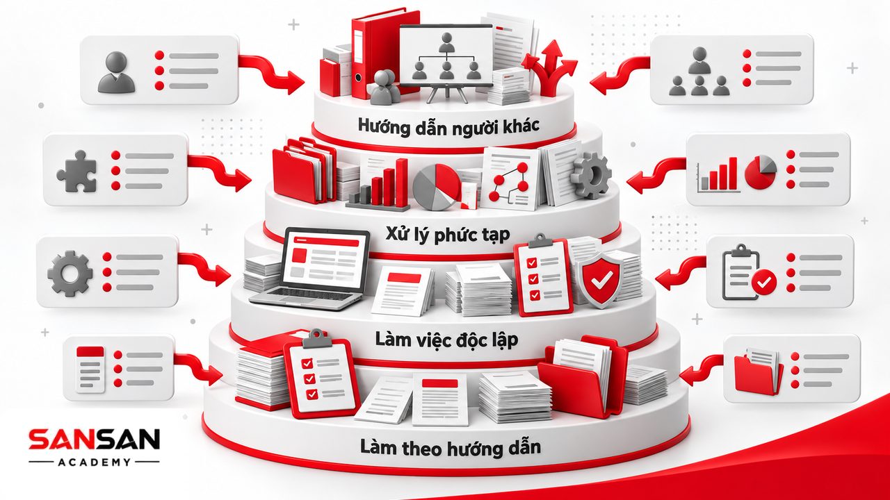Các cấp độ khung năng lực từ thực hiện theo hướng dẫn đến làm việc độc lập, xử lý tình huống phức tạp và hướng dẫn người khác.