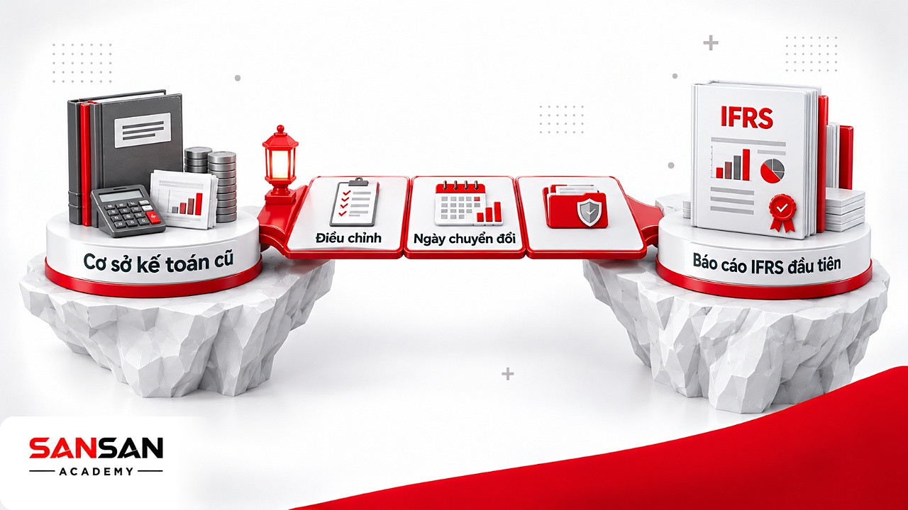 Cây cầu từ cơ sở kế toán cũ sang báo cáo IFRS đầu tiên, gồm bảng điều chỉnh, ngày chuyển đổi và miễn trừ