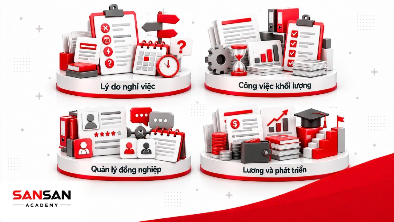 Bộ câu hỏi Exit Interview về lý do nghỉ việc, khối lượng công việc, quản lý, đồng nghiệp, lương thưởng và cơ hội phát triển.