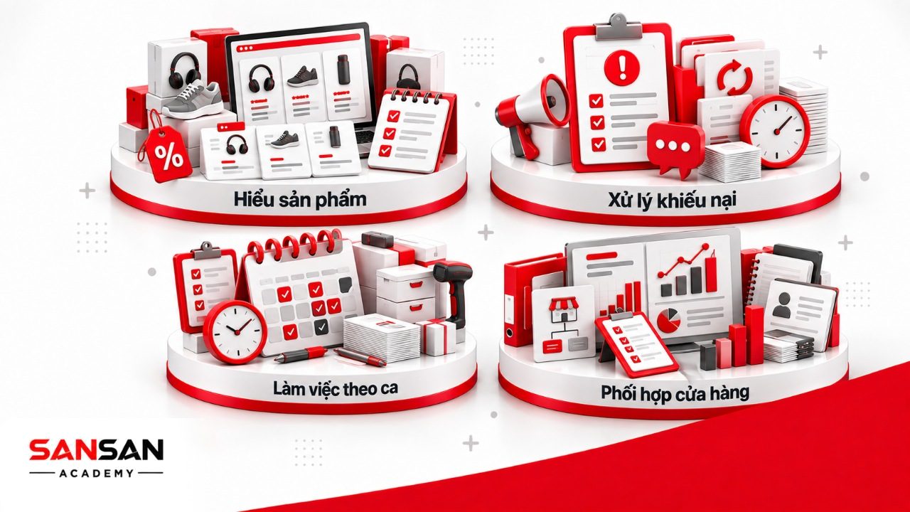 Câu hỏi phỏng vấn sales tại cửa hàng về hiểu sản phẩm, tư vấn, xử lý khiếu nại, làm việc theo ca và phối hợp đồng nghiệp.