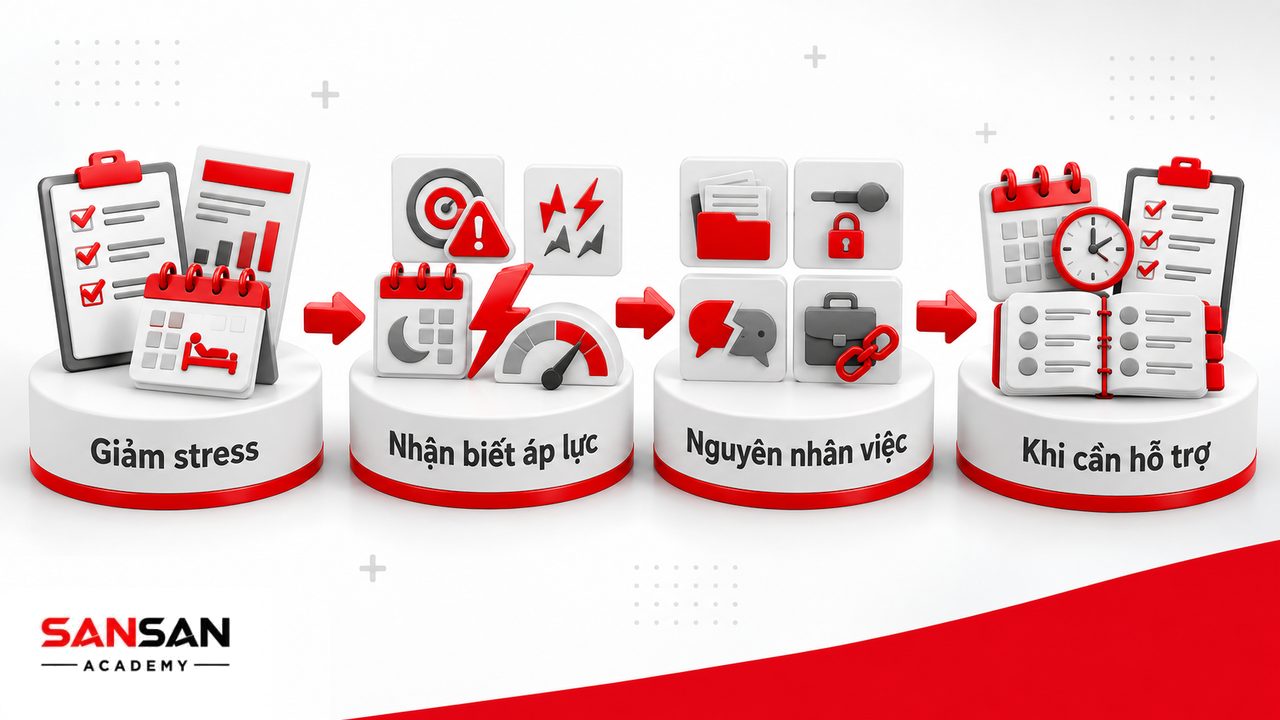 Các câu hỏi thường gặp về stress công việc gồm cách giảm stress, dấu hiệu áp lực, nguyên nhân và khi nào nên tìm hỗ trợ chuyên môn.