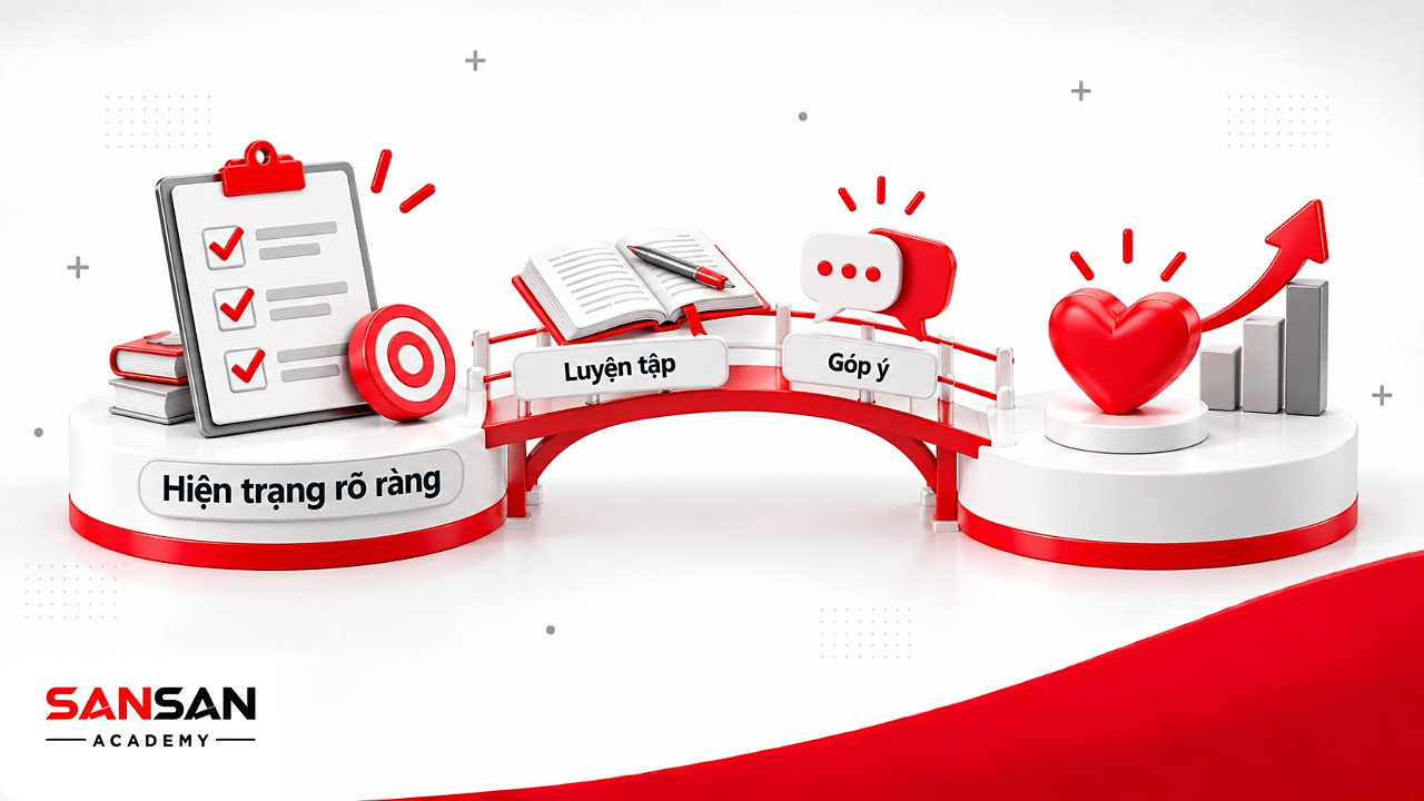 Cây cầu luyện tập và góp ý nối hiện trạng rõ ràng với tiến bộ, cho thấy yêu bản thân vẫn cần thay đổi