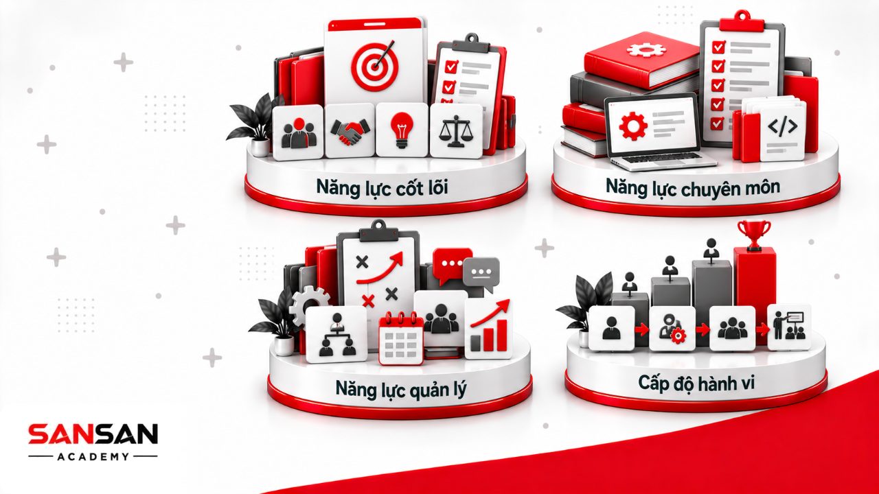 Cấu trúc khung năng lực gồm năng lực cốt lõi, chuyên môn, quản lý cùng cấp độ và chỉ báo hành vi có thể quan sát.