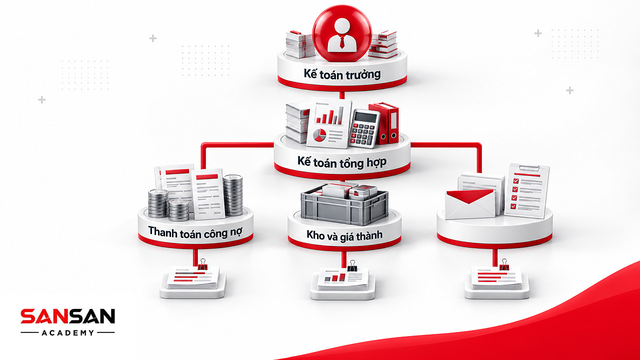 Cây phân nhánh các vị trí kế toán: kế toán trưởng, kế toán tổng hợp và các phần hành thanh toán, kho, lương, thuế