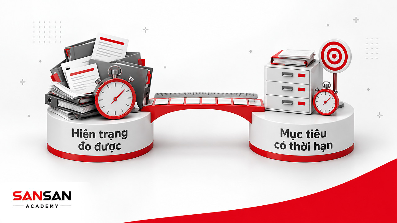 Cây cầu Kaizen nối hiện trạng đo được với mục tiêu có thời hạn như rút ngắn thời gian tìm hồ sơ
