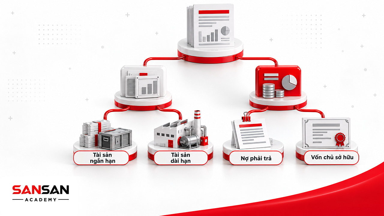 Cây phân nhánh cấu trúc bảng cân đối kế toán gồm tài sản ngắn hạn, dài hạn, nợ phải trả và vốn chủ sở hữu