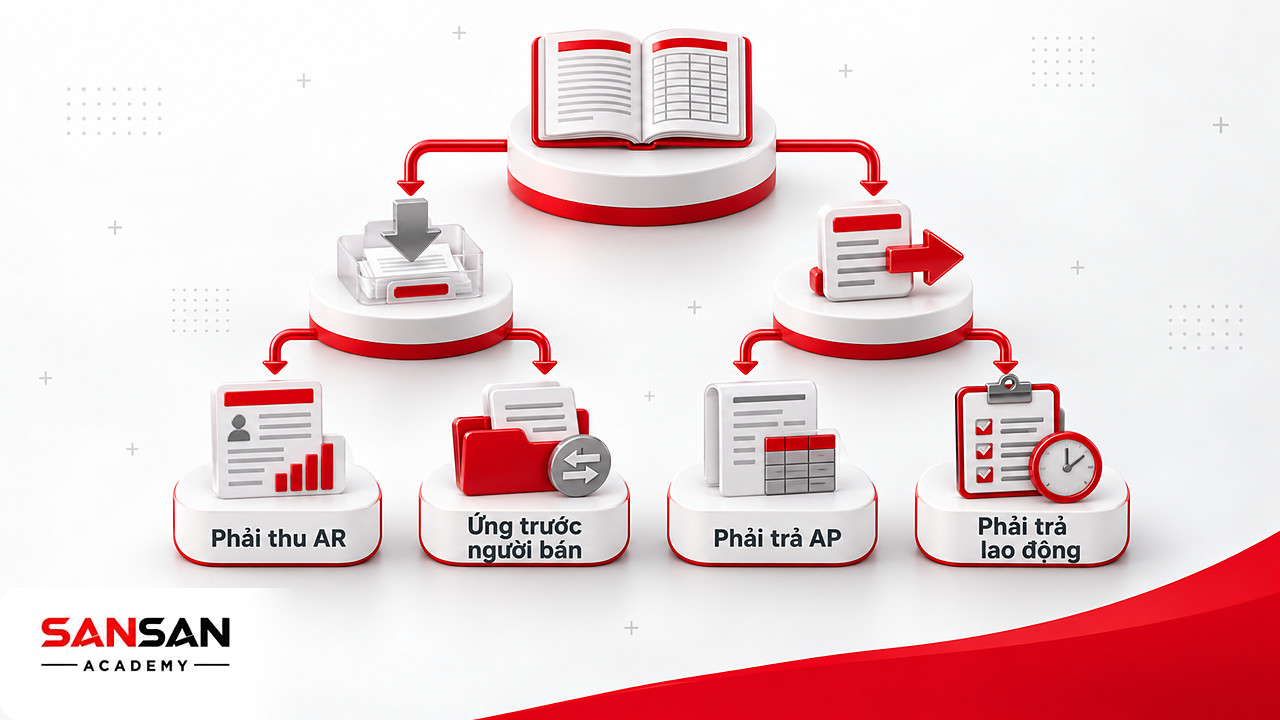Cây phân nhánh chia công nợ thành nhóm phải thu và phải trả cùng các khoản con thường gặp