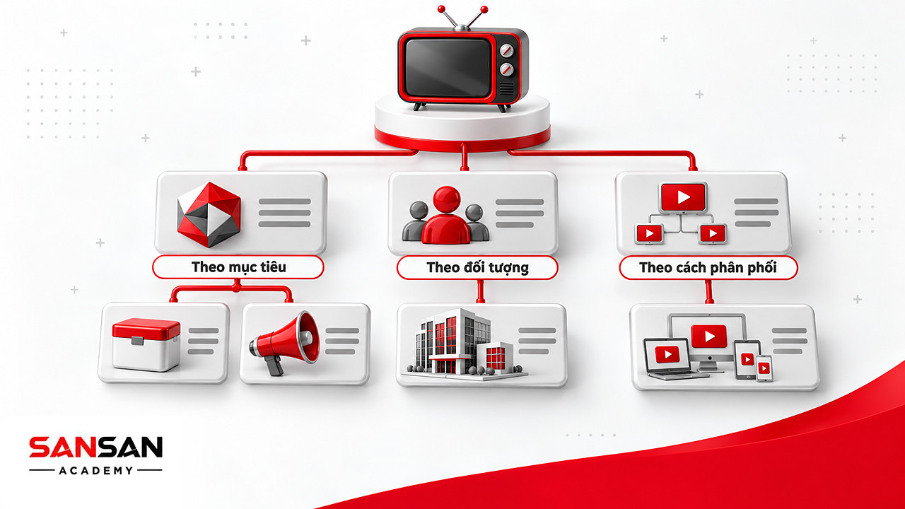 Cây phân nhánh chia TVC theo mục tiêu truyền thông, đối tượng và cách phân phối
