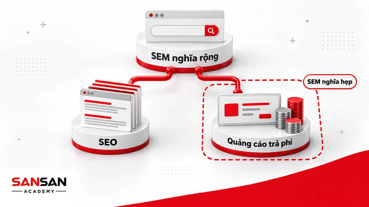 Cây phân nhánh hai cách hiểu SEM: nghĩa rộng gồm SEO và quảng cáo trả phí, nghĩa hẹp chỉ là quảng cáo trả phí