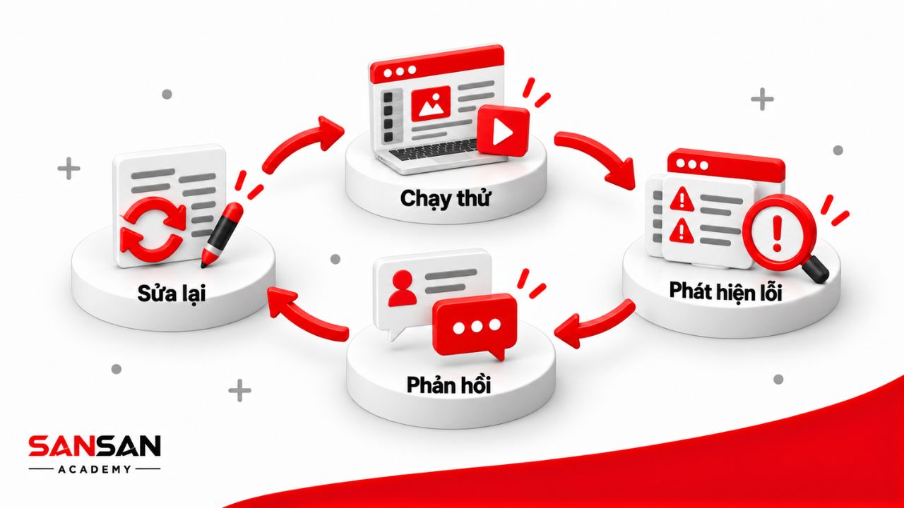 Vòng lặp chạy thử, phát hiện lỗi, phản hồi và chỉnh sửa ứng dụng