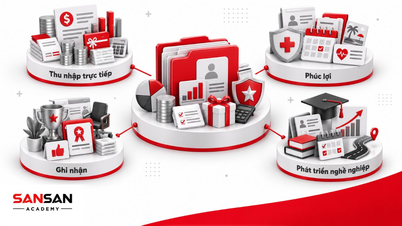 Chế độ đãi ngộ kết hợp thu nhập, phúc lợi, môi trường, ghi nhận và phát triển thành một hệ thống giá trị cho nhân viên.