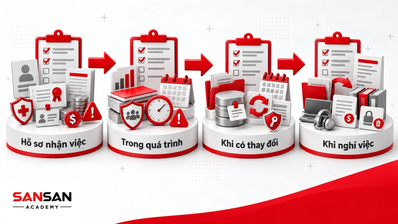 Mẫu checklist hồ sơ nhân sự theo các giai đoạn nhận việc, quá trình làm việc, thay đổi thông tin và nghỉ việc.
