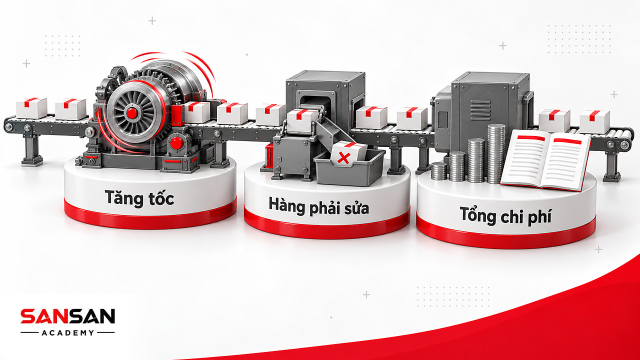 Băng chuyền cho thấy tăng tốc một công đoạn tạo hàng phải sửa và làm tổng chi phí sản xuất tăng