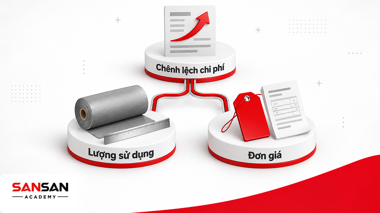 Cây phân nhánh tách chênh lệch chi phí sản xuất thành phần do lượng sử dụng và phần do đơn giá