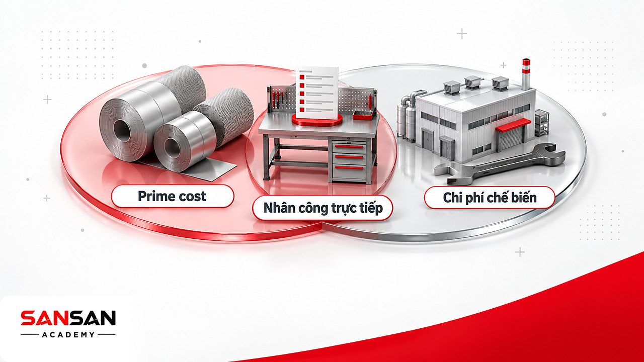 Prime cost và chi phí chế biến giao nhau ở nhân công trực tiếp trong cách nhóm chi phí sản xuất