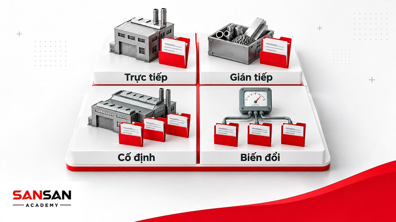 Ma trận 2×2 chi phí sản xuất theo hai tiêu chí trực tiếp hay gián tiếp và cố định hay biến đổi