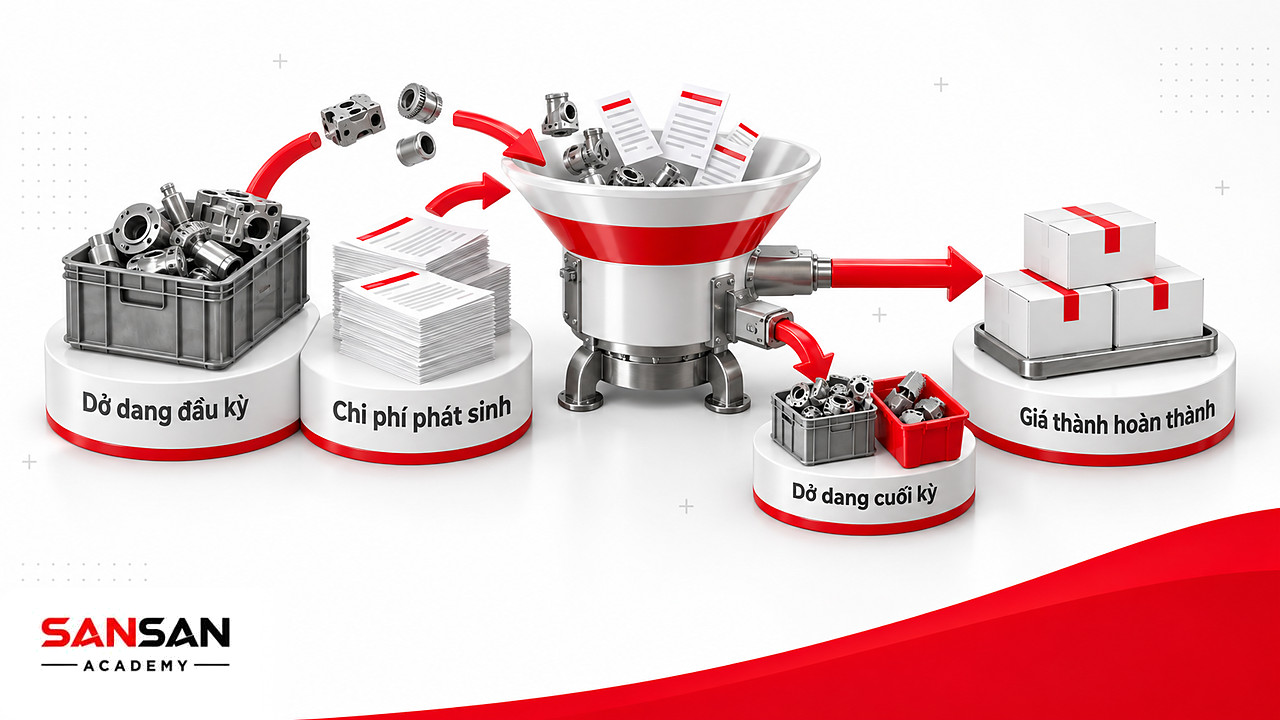 Phễu biến đổi từ dở dang đầu kỳ và chi phí sản xuất phát sinh ra giá thành sản phẩm hoàn thành