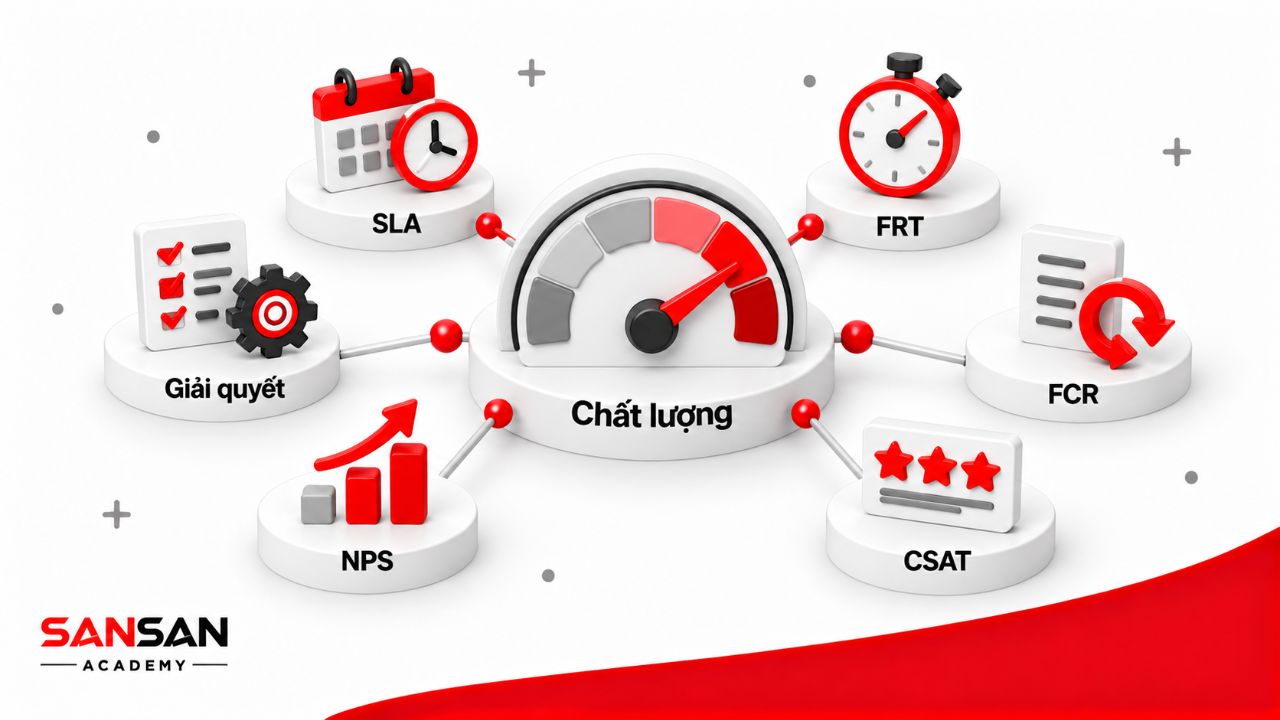 Đồng hồ chất lượng kết nối các chỉ số SLA, FRT, FCR, CSAT, NPS và kết quả giải quyết