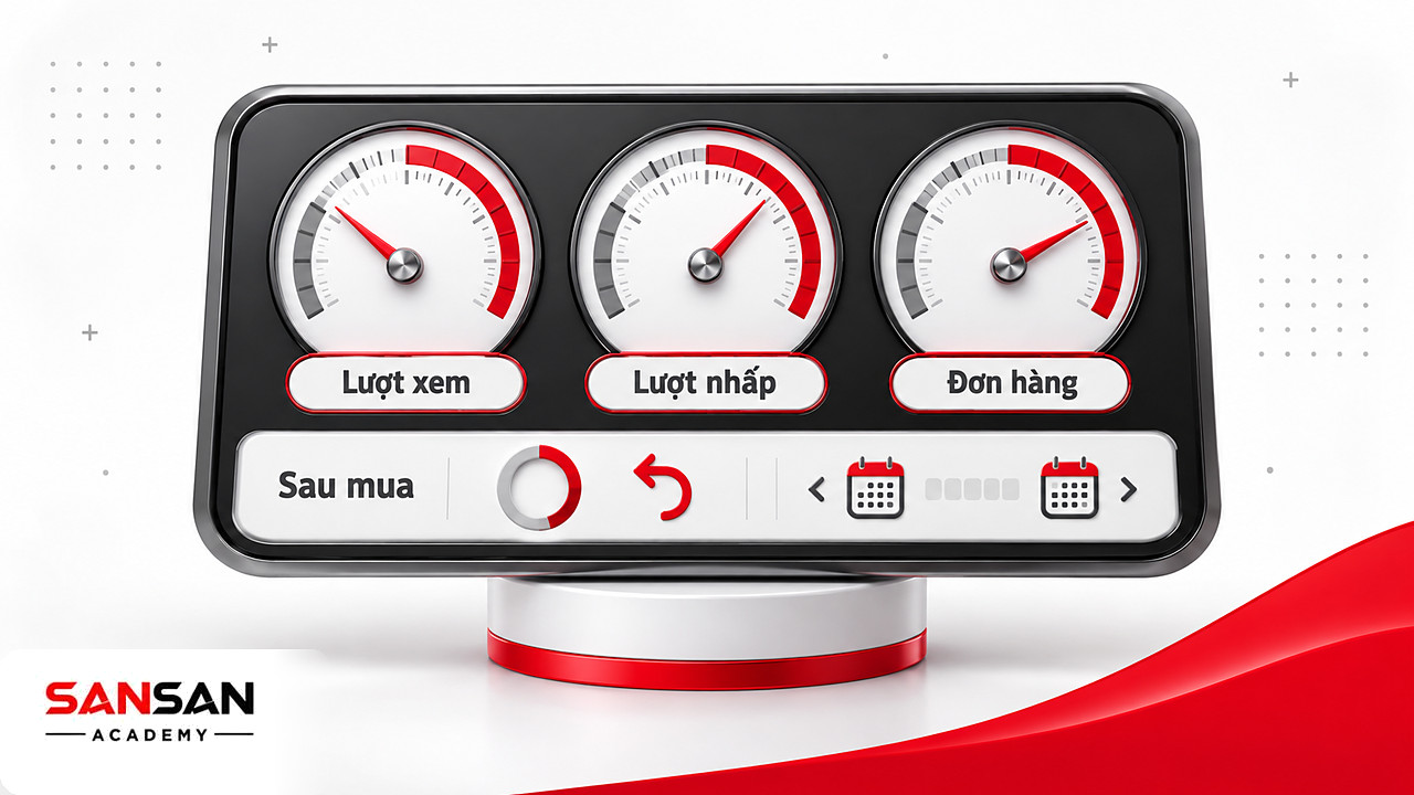 Bảng đồng hồ đo chỉ số shoppertainment gồm lượt xem, lượt nhấp, đơn hàng và tỷ lệ hoàn trả sau mua