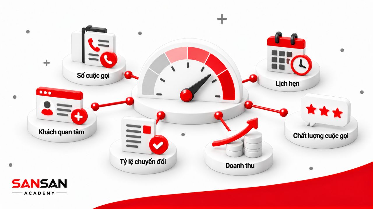 Các chỉ số telesale gồm số cuộc gọi, tỷ lệ kết nối, chuyển đổi, lịch hẹn và chất lượng tư vấn
