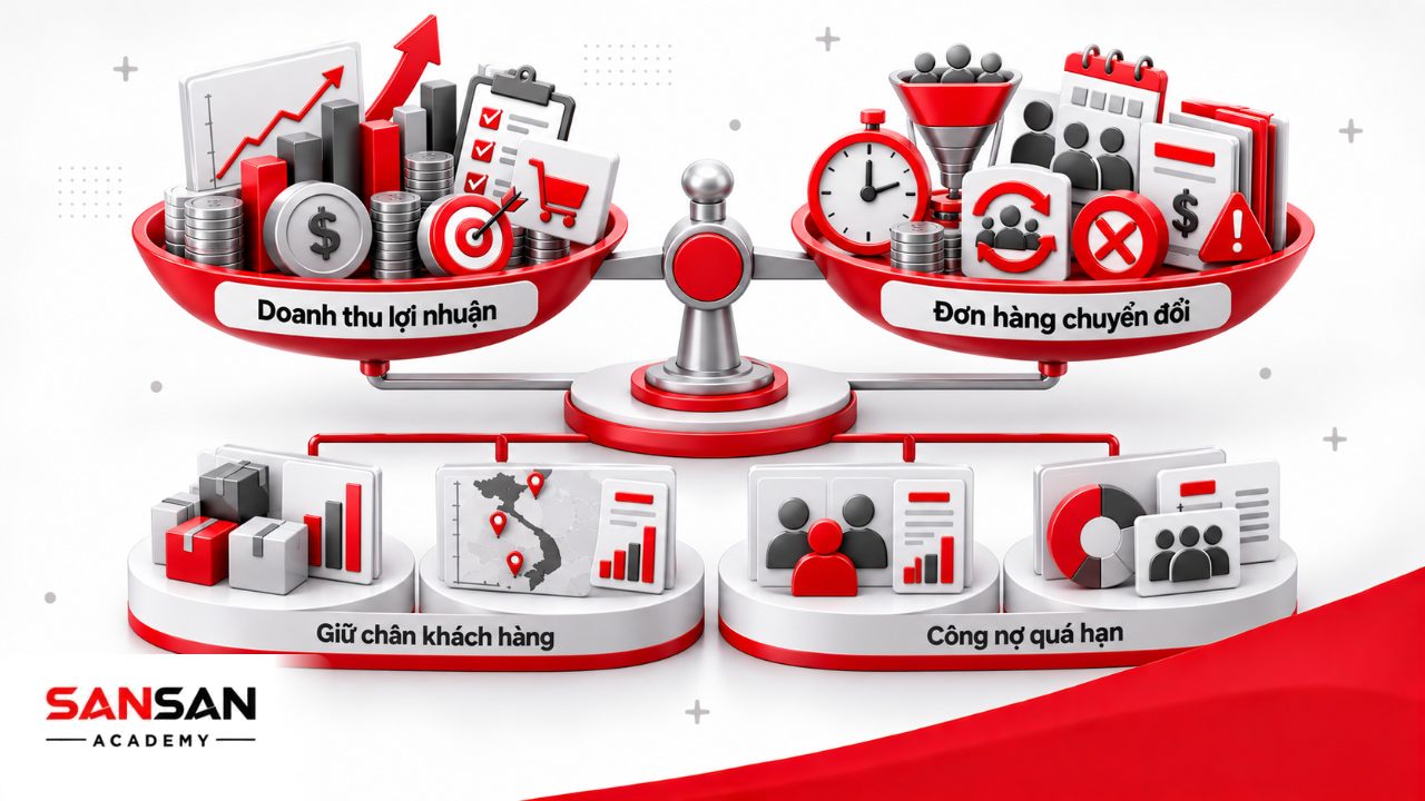 Chỉ số phòng kinh doanh gồm doanh thu, lợi nhuận, đơn hàng, chuyển đổi, chu kỳ bán hàng, giữ chân khách hàng và công nợ quá hạn.