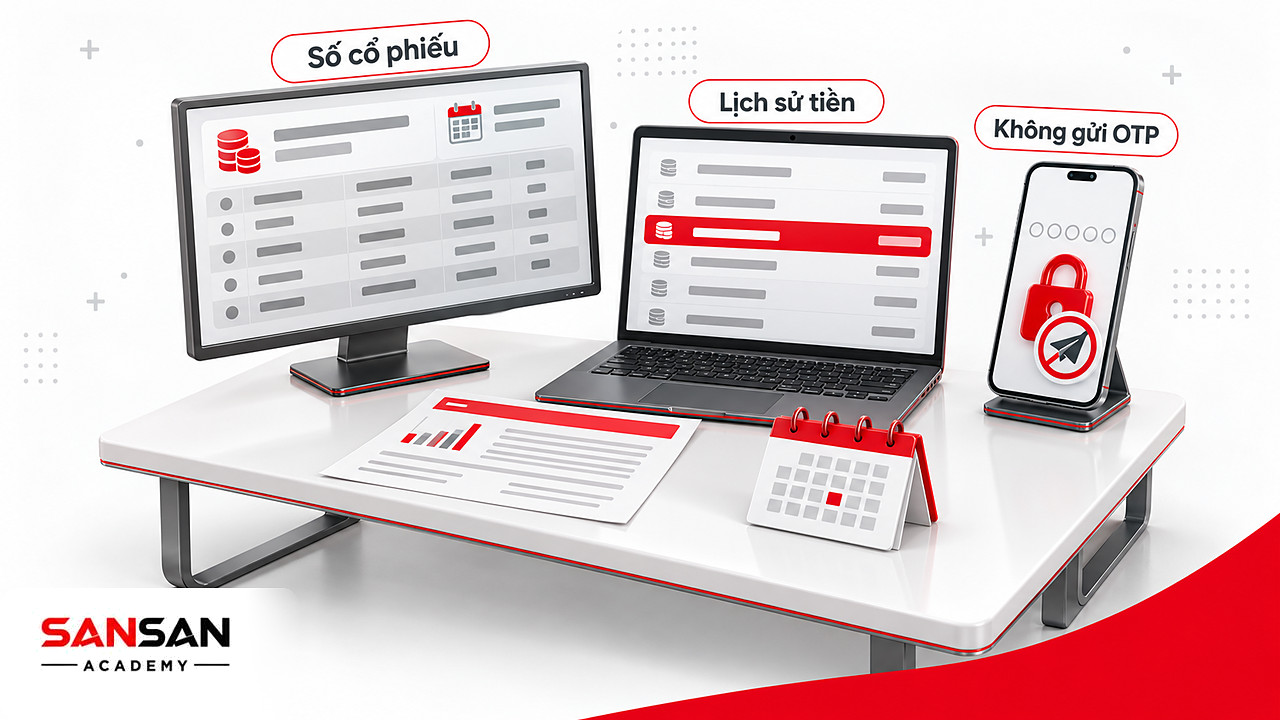 Bàn làm việc với bảng quyền nhận cổ tức, lịch sử tiền và điện thoại khóa mã OTP không gửi cho ai