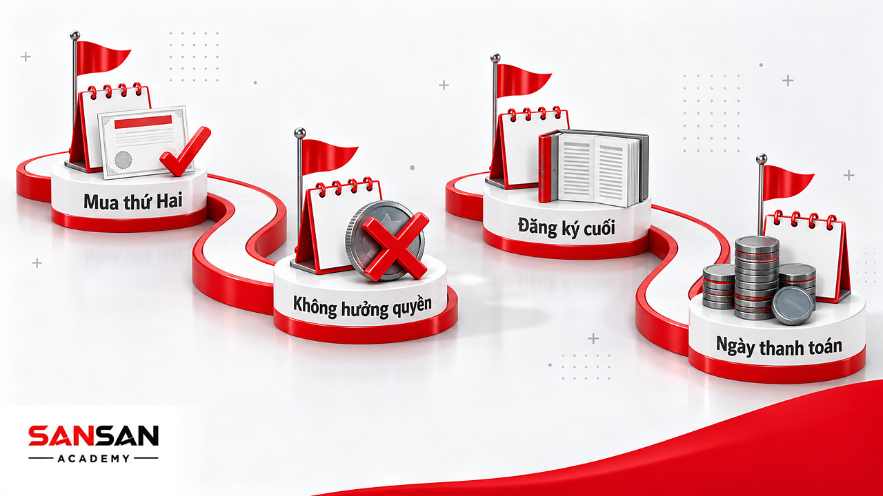 Lộ trình các mốc mua thứ Hai, không hưởng quyền thứ Ba, đăng ký cuối cùng thứ Tư trong một đợt chia cổ tức
