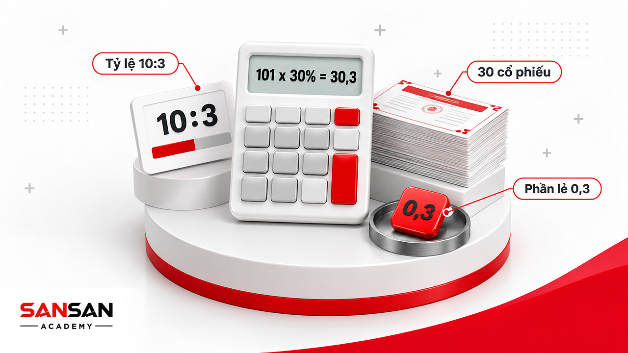 Máy tính hiện 101 nhân 30% bằng 30,3 cạnh thẻ tỷ lệ 10:3, chồng 30 cổ phiếu và phần lẻ 0,3 khi chia cổ tức