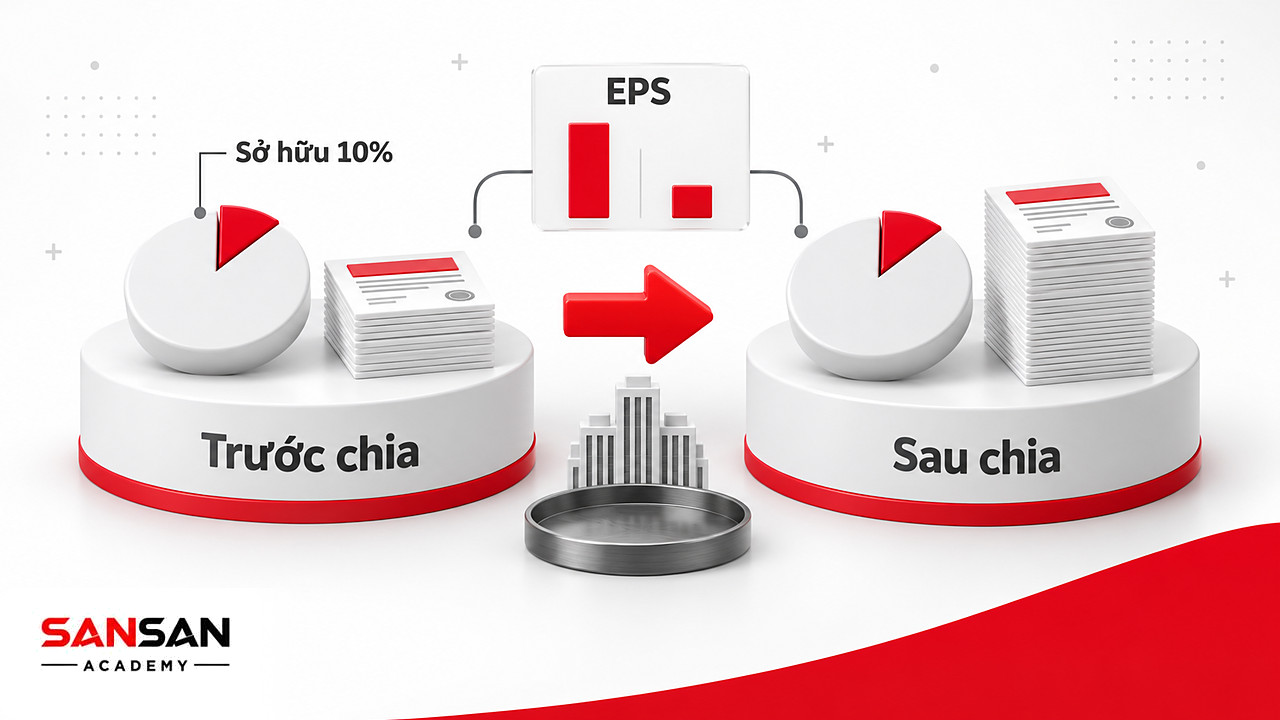 Trước và sau chia cổ tức bằng cổ phiếu, chồng cổ phiếu cao hơn nhưng phần sở hữu 10% trên biểu đồ tròn giữ nguyên