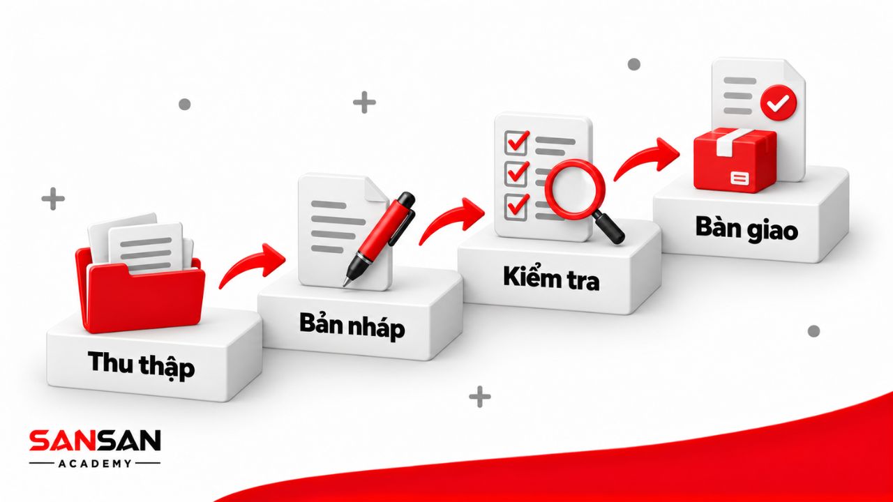Công việc được chia thành thu thập, bản nháp, kiểm tra và bàn giao.