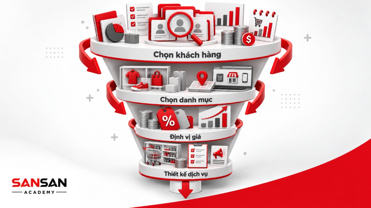 Chiến lược bán lẻ từ lựa chọn khách hàng mục tiêu, danh mục sản phẩm đến giá, kênh bán, dịch vụ và khuyến mãi.