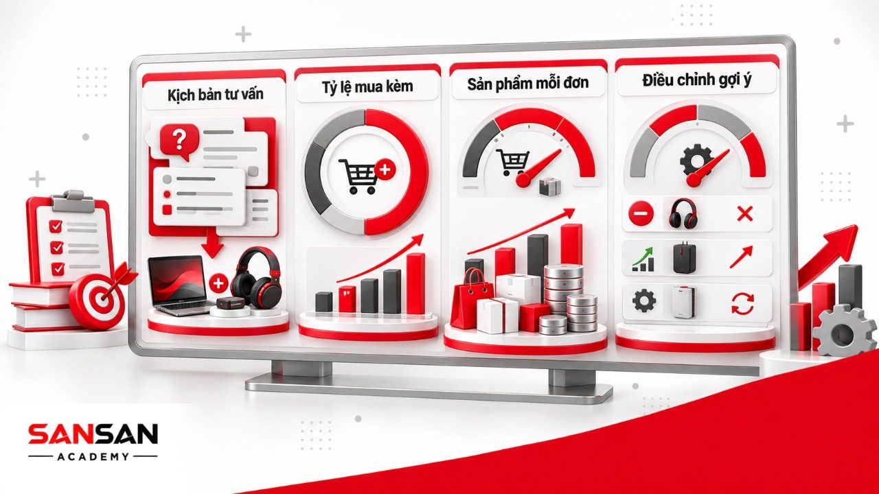 Chiến lược Cross Selling giai đoạn sau gồm đào tạo kịch bản tư vấn, đo tỷ lệ mua kèm, số sản phẩm mỗi đơn và điều chỉnh gợi ý theo dữ liệu.