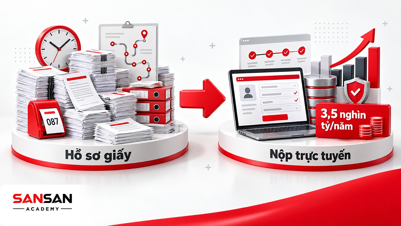 Chồng hồ sơ giấy đối lập với laptop nộp thủ tục chính phủ số có dữ liệu điền sẵn và thanh trạng thái xử lý