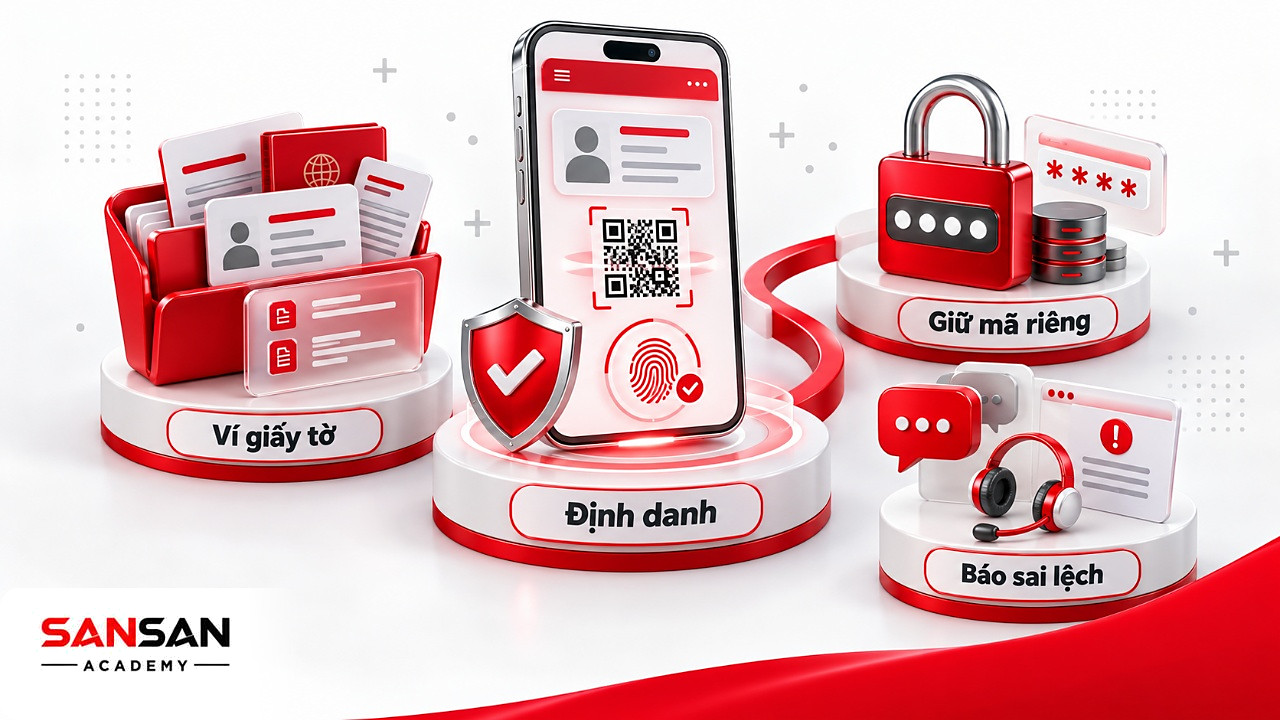 Điện thoại mở VNeID với thẻ định danh, mã QR, vân tay, ví giấy tờ và mã đăng nhập được khóa
