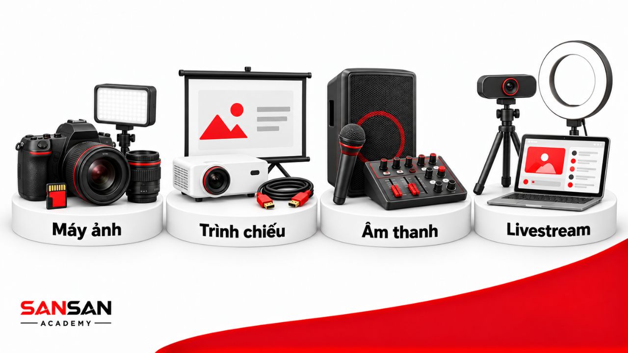 Máy ảnh, máy chiếu, thiết bị âm thanh và livestream.