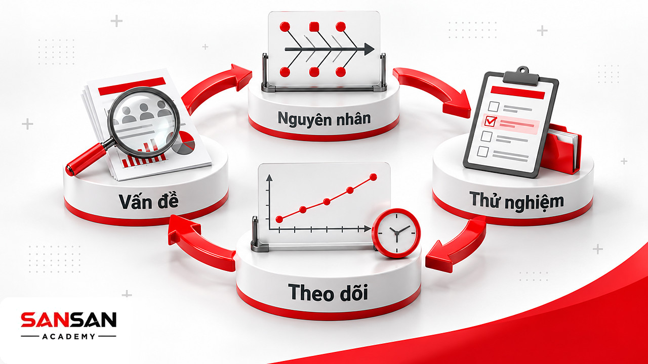 Vòng chu trình kính lúp, sơ đồ nguyên nhân, danh sách thử nghiệm và biểu đồ theo dõi khi ứng dụng hành vi tổ chức