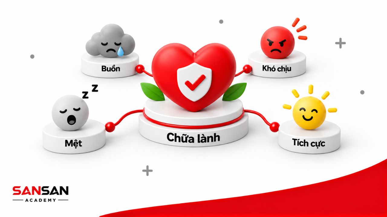 Trái tim chữa lành chấp nhận buồn, khó chịu, mệt và cảm xúc tích cực