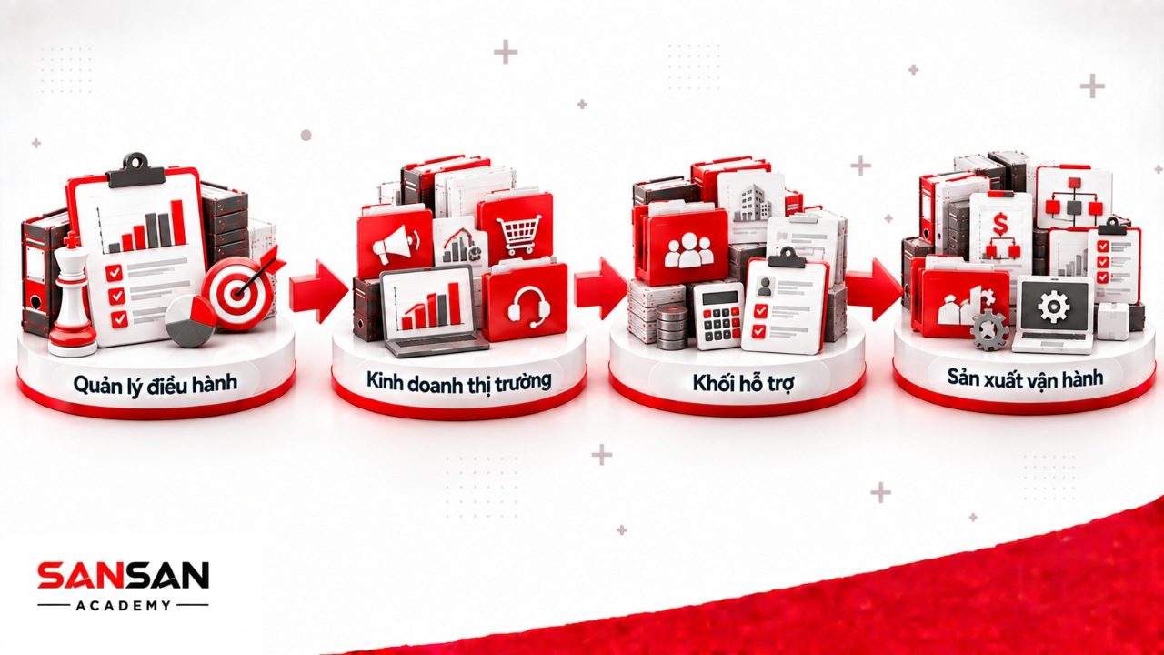 Chức năng các phòng ban trong công ty từ quản lý, kinh doanh, Marketing, HR, tài chính đến sản xuất, vận hành và công nghệ.